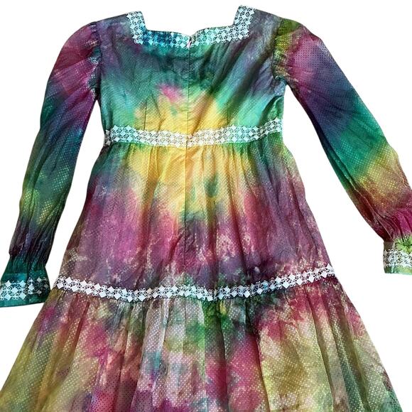 Vintage Tie Dye Purple Green Boho Hippie Prairie Long Sleeve Dress Size Small? - Picture 6 of 10